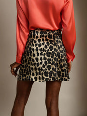 Pure Silk Leopard Print A Line Wrap Mini Skirt with Tie Waist Design