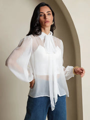 Pure Silk Chiffon Women's Lantern Sleeve Tie Neck Sheer Blouse