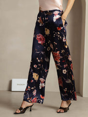 19Momme Silk Navy Floral Print Wide Leg Women's Pants With Side Pockets Design