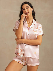 19Momme Women's Pure Silk Crane Print Short Sleeve Notch Collar Pajamas Set