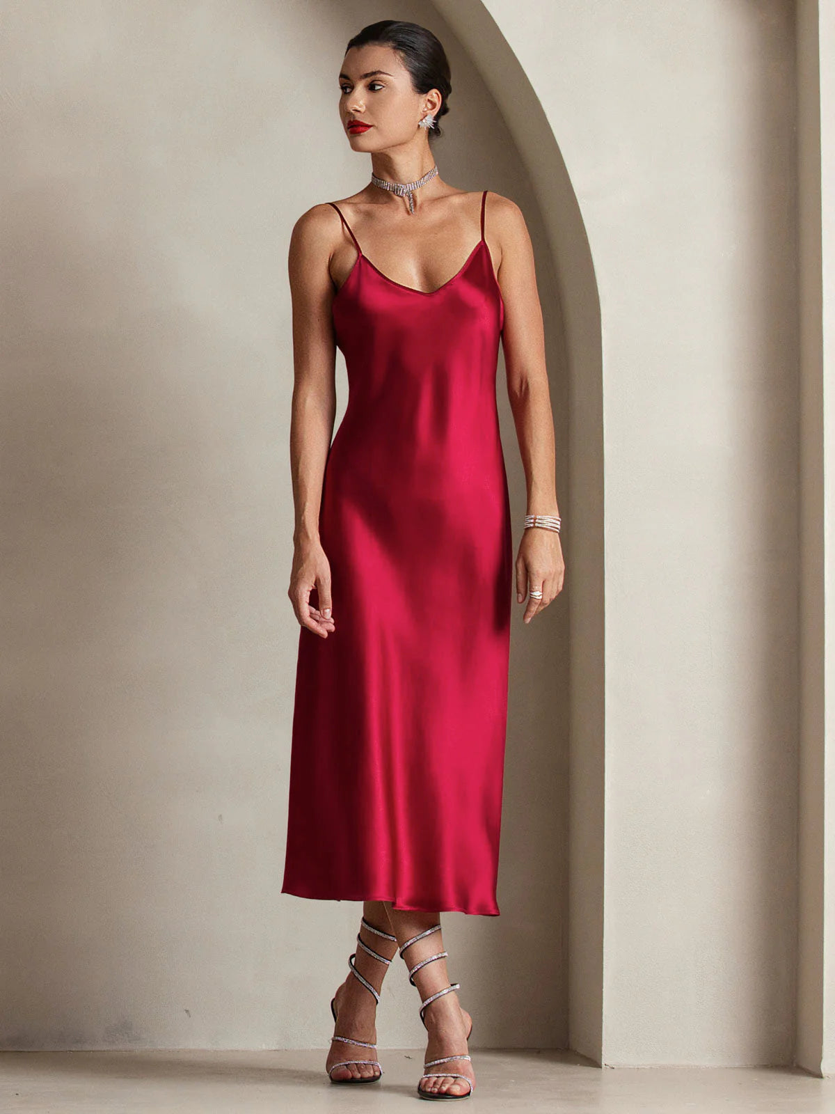 Pure Silk Spaghetti Strap Midi Dress
