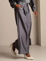 32Momme Silk-Wool Blend High Waist Wide Leg Women's Pants with Side Pockets Design