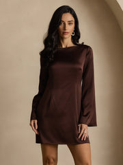 19Momme Silk Long Sleeve Boat Neck Short Dress