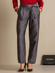 32Momme Silk-Wool Blend High Waist Tapered Cropped Women's Pants with Tie Waist Design