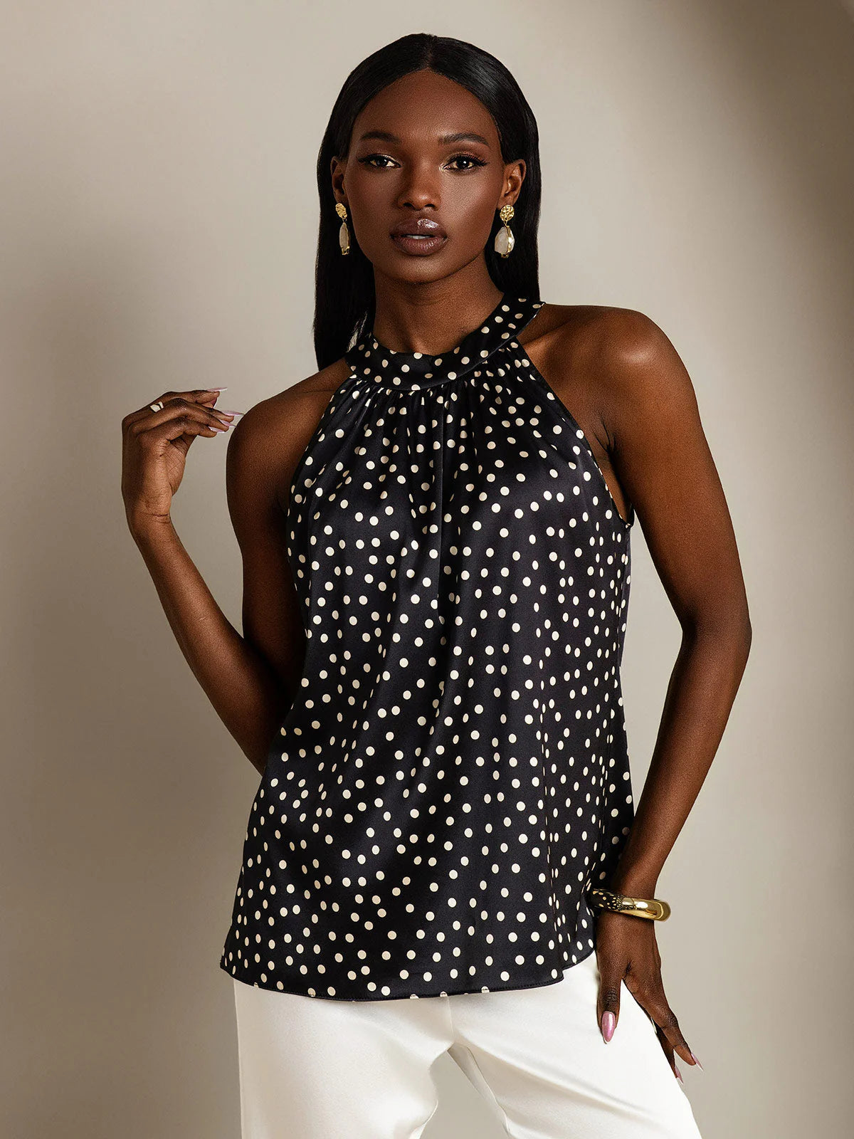 19Momme Women's Silk Polka Dot Print Sleeveless Halter Neck Top