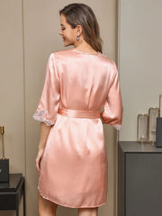 Pure Silk V Neck Short Nightgown & Robe Set with Lace Design