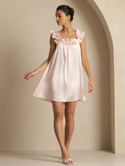 19Momme Silk Ruffle Strap Square Neck  Babydoll A-Line Short Nightgown