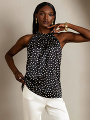 19Momme Women's Silk Polka Dot Print Sleeveless Halter Neck Top