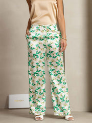 19Momme Silk Green Floral Print Wide Leg Women's Pants With Side Pockets Design