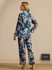 Pure Silk Dragon Print Long Sleeve Notch Collar Women's Pajamas Set With Pants