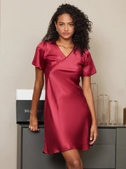 Women's Pure Silk Puff Sleeve V-neck Short Nightgown