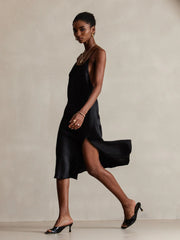 Pure Silk Spaghetti Strap U Neck Knee Dress with Split Criss Cross V-Back Design