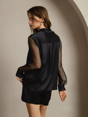 Women's 19Momme Silk Sheer Sleeve Lapel Collar Shirt