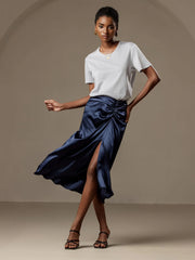 Silk Pleated High Slit Skirt
