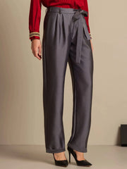 32Momme Silk-Wool Blend High Waist Tapered Cropped Women's Pants with Tie Waist Design
