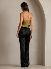 19Momme Silk High Waist Straight Fit Women's Pants with Back Elastic Waist Design