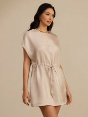 Pure Silk Henley Neck Cap Sleeve Short Dress With Drawstring
