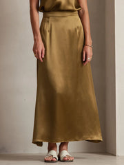 Clearance(US Warehouse) - 19Momme Silk A Line Maxi Skirt with Zipper Design