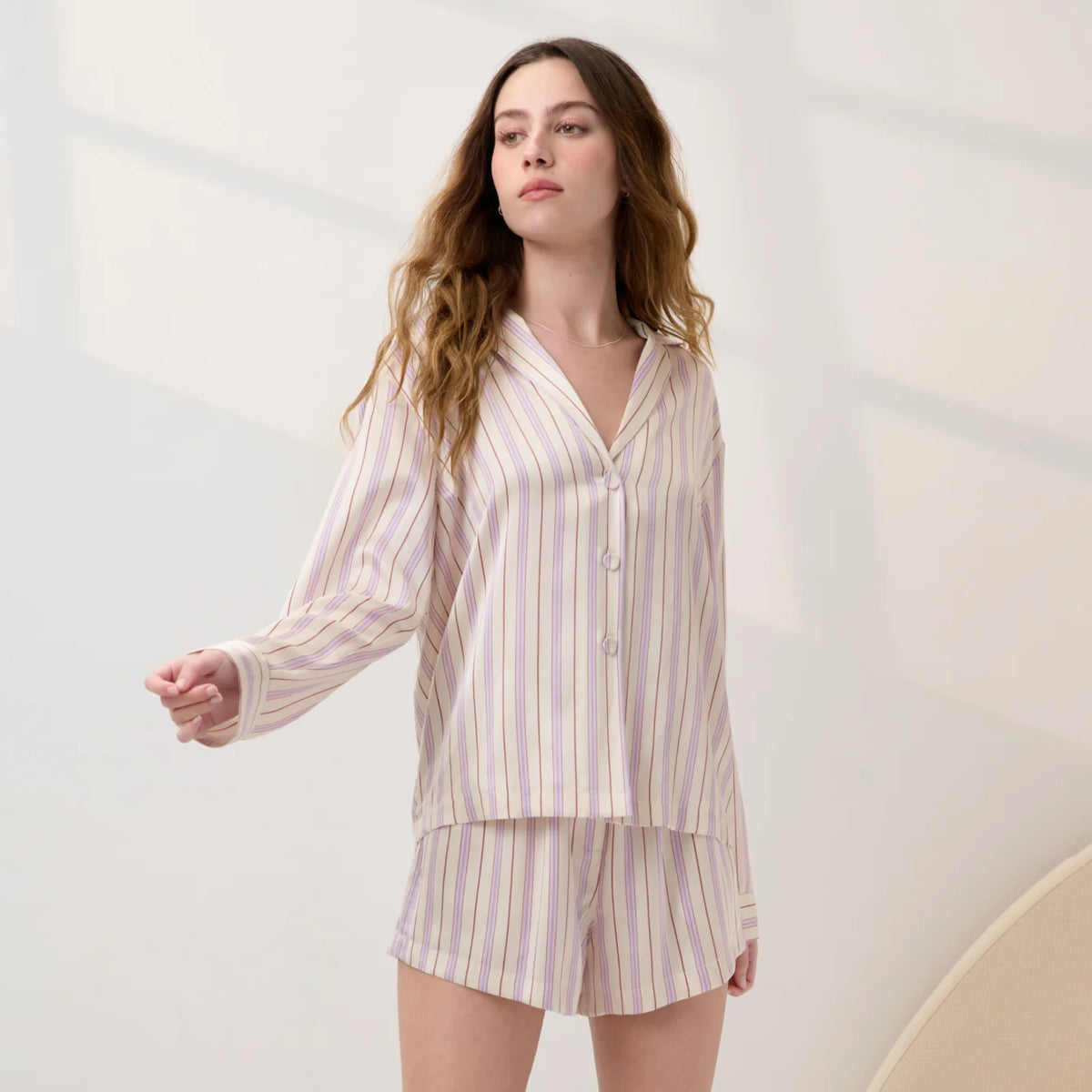 Washable Silk Button Up Long Sleeve Short Set