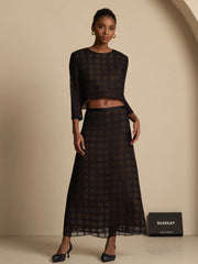 Pure Silk Women's Textured Grid Crop Blouse & A-Line Long Skirt Set