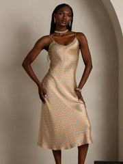 Pure Silk Geometric Print Spaghetti Strap V Neck Midi Dress