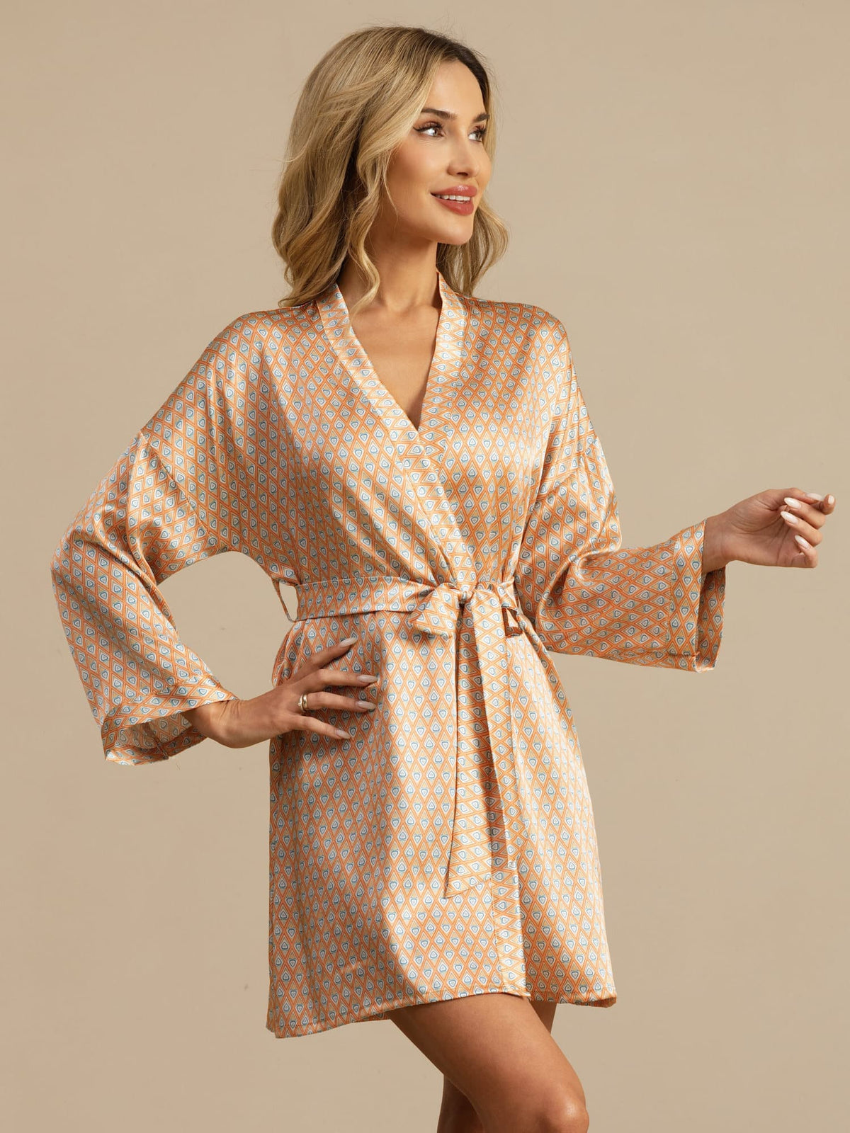 Pure Silk Women’s  Long Sleeve  Heart Geo Printed Short Belted Robe
