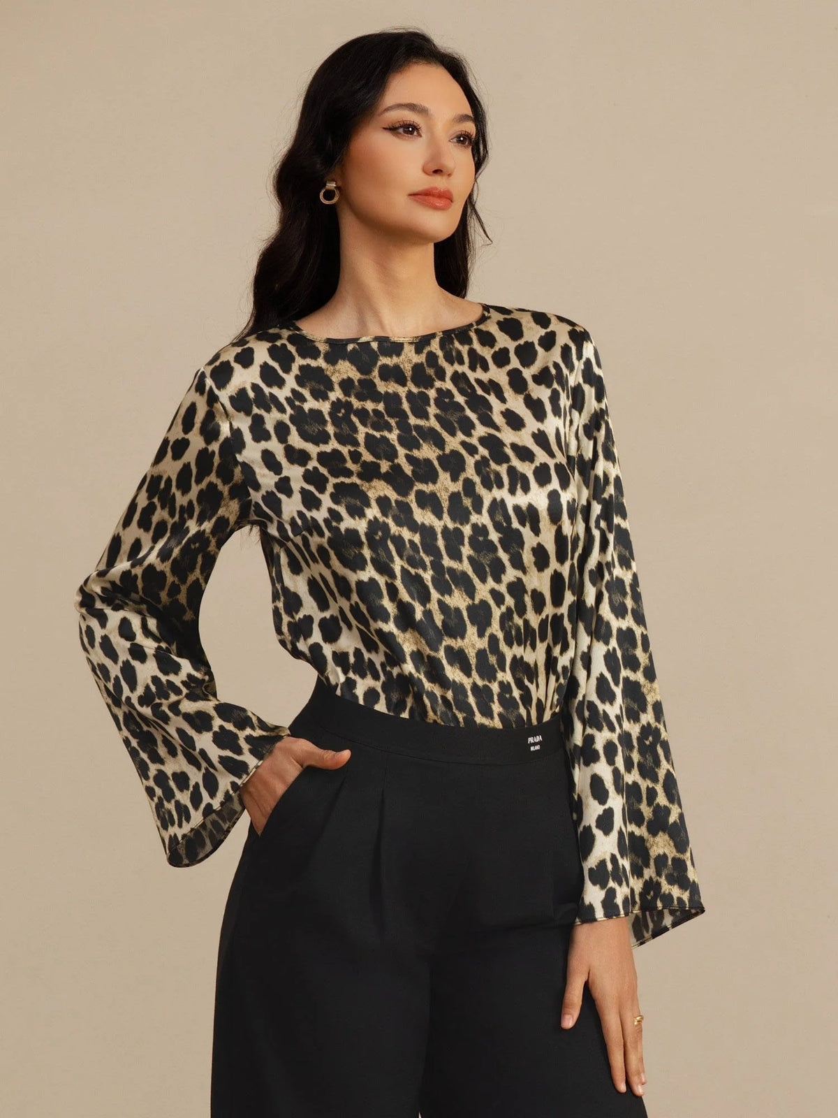 19Momme Silk Women’s Leopard Print Boat Neck Long Sleeve Blouse