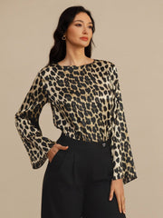 19Momme Silk Women’s Leopard Print Boat Neck Long Sleeve Blouse