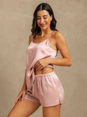 19Momme Washable Silk Spaghetti Strap Round Neck Camisole Set with Side Pocket Design