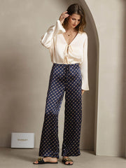 19Momme Silk Navy Chain Print Wide Leg Women's Pants With Side Pockets Design