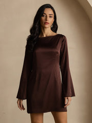 19Momme Silk Long Sleeve Boat Neck Short Dress
