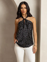 19Momme Silk Sleeveless Polka Dot Halter Neck Twist Top with Back Button Closure