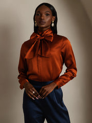 Clearance - 19Momme Silk Long Sleeve High Neck Bow Tie Blouse