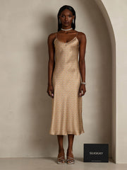 Pure Silk Geometric Print Spaghetti Strap V Neck Midi Dress