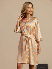Pure Silk Women’s Knee Length Kimono Heart Geo Printed Robe With Belted Design