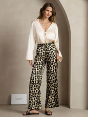 19Momme Silk Leopard Print Straight Leg Women's Pants With Side Pockets Design