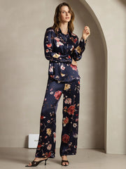 19Momme Women's Silk Navy Floral Print Button-Up Shirt & Wide-Leg Pants Set