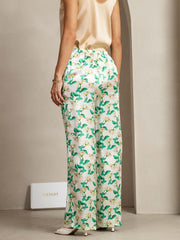 19Momme Silk Green Floral Print Wide Leg Women's Pants With Side Pockets Design