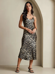 Pure Silk Leopard Print Spaghetti Strap V Neck Midi Dress