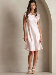 Pure Silk Cap Sleeve V Neck Knee Dress