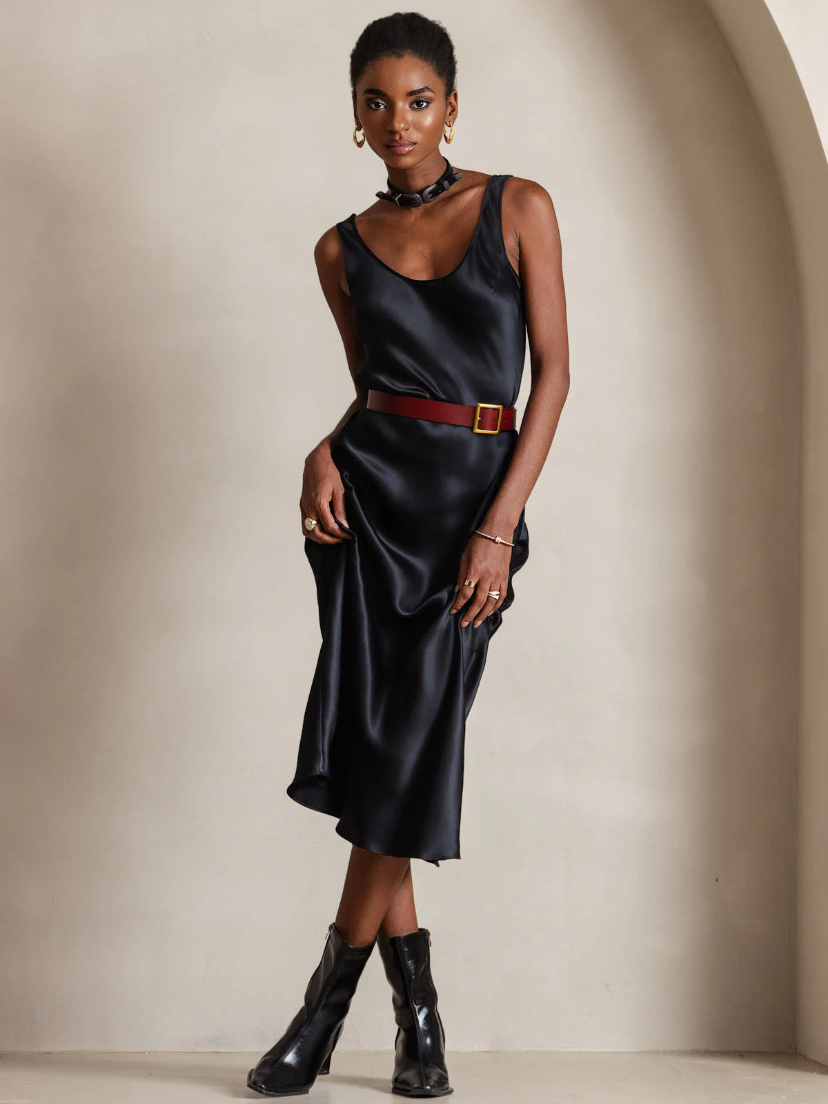 Pure Silk Sleeveless U Neck Midi Dress