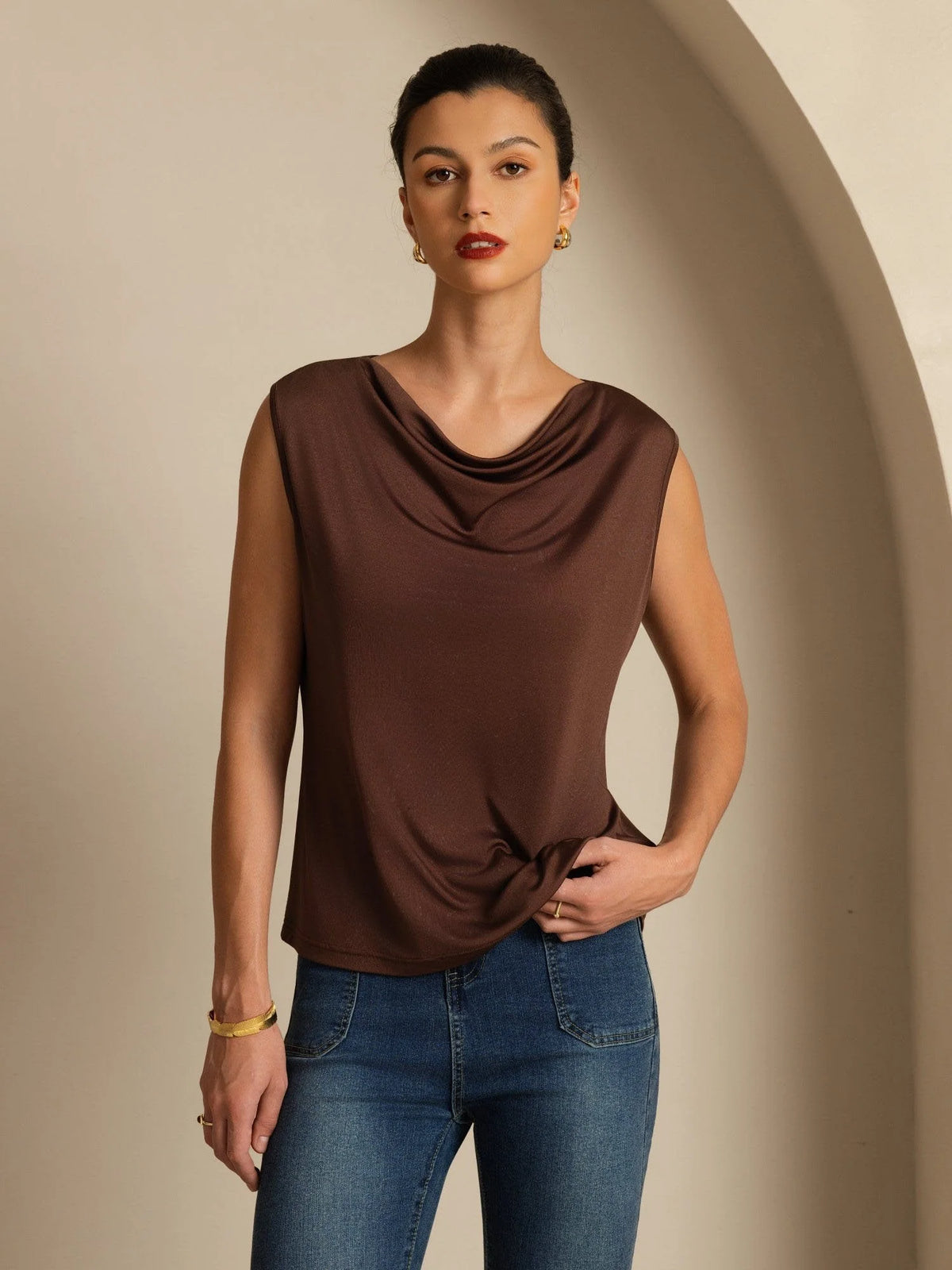 Pure Silk  Women's Sleeveless Cowl Neck Basic Casual Top