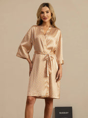 Pure Silk Women’s Knee Length Kimono Heart Geo Printed Robe With Belted Design