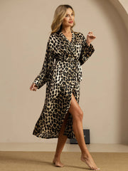 Pure Silk Women's Long Sleeve Midi Leopard Printed Robe