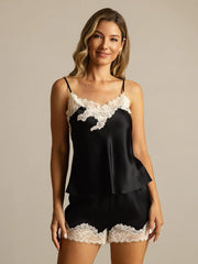Pure Silk Spaghetti Strap V Neck Camisole Set with Lace Design