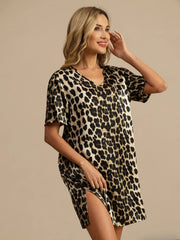 Pure Silk Half Sleeve V-neck Leopard Printed Short Nightgown with Split Design