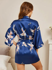 19Momme Pure Silk Crane Print 3/4 Sleeve Short Women's Kimono Robe