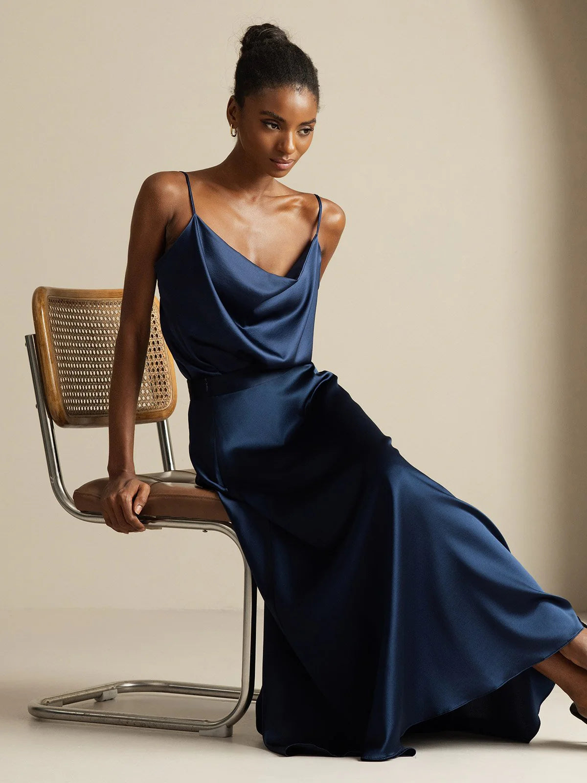 19Momme Silk Cowl Neck Spaghetti Strap Camisole Top & A Line Maxi Skirt