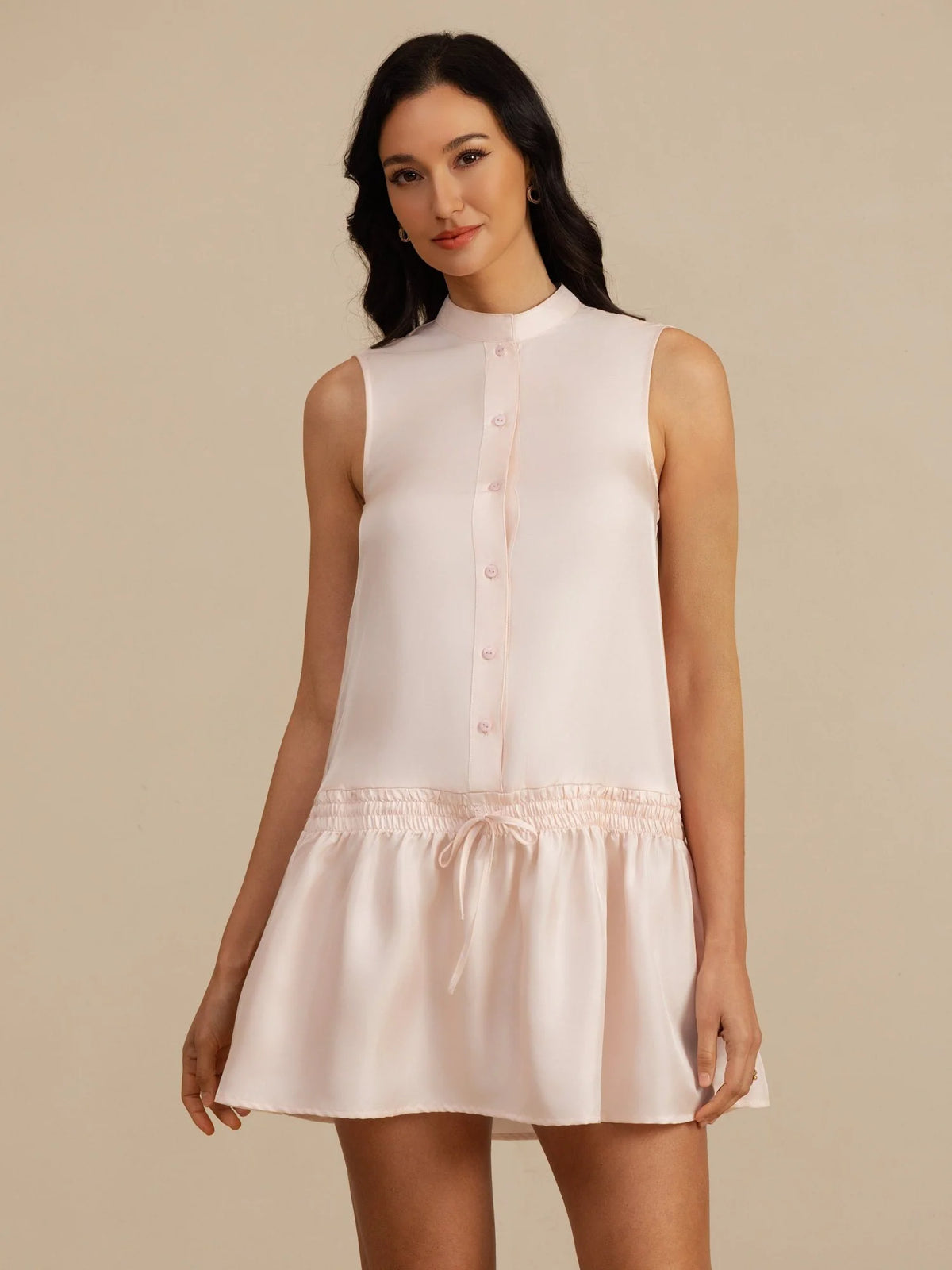 Pure Silk Sleeveless Short Dress With Adjustable Drawstring Drop Waist