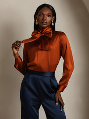 Clearance - 19Momme Silk Long Sleeve High Neck Bow Tie Blouse